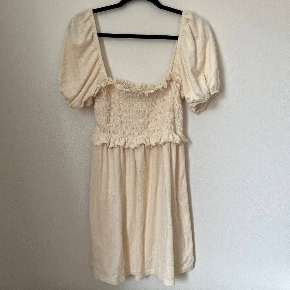 LPA Terry Cloth Smocked Puff Sleeve Mini Dress Cream L